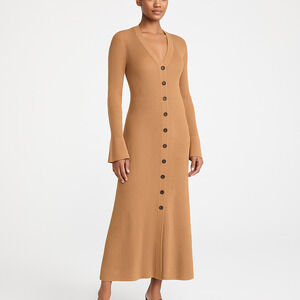 ALC Dress Womens Large Brown Maxi VNeck FlareCuffs Ribbed‎ ButtonDown